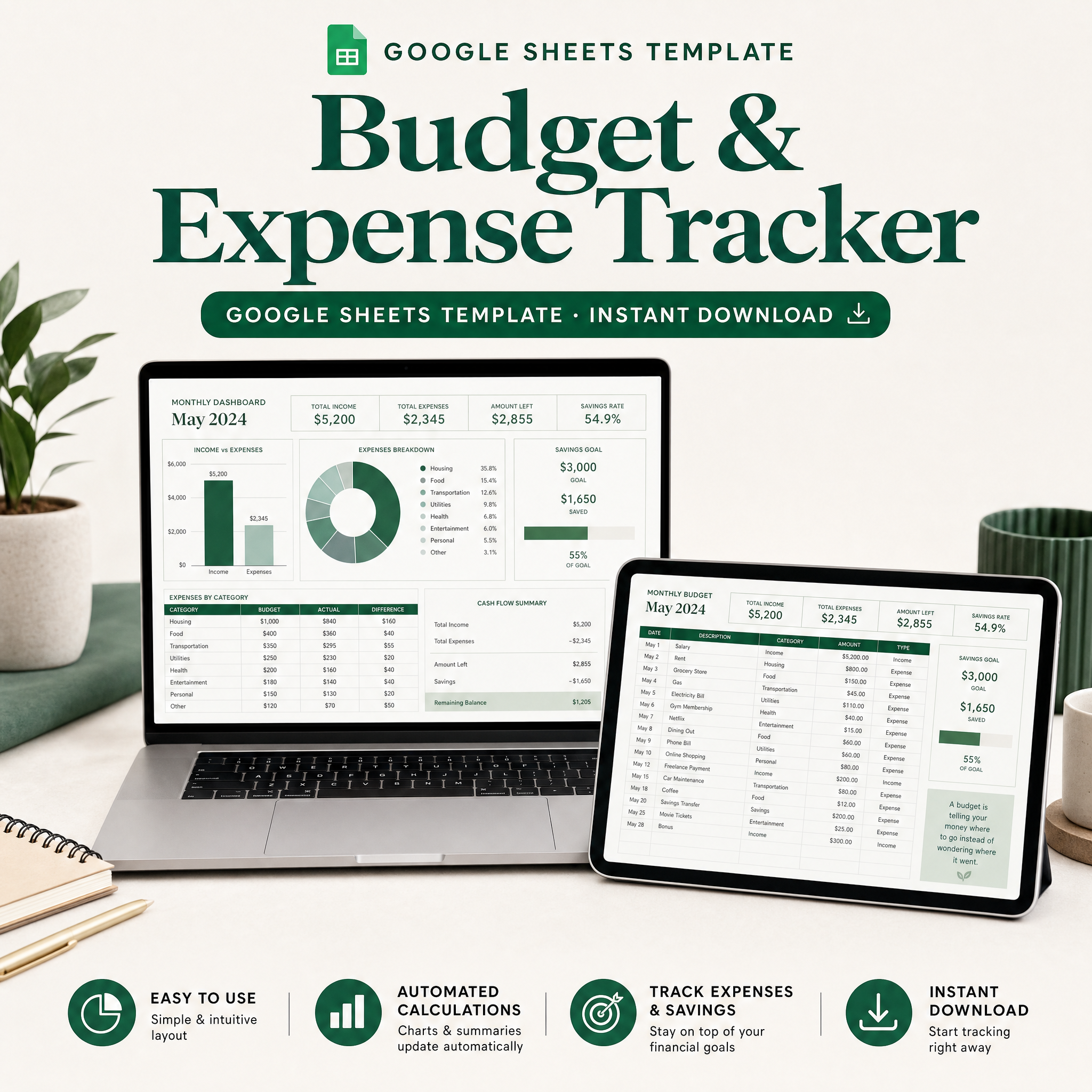 Budget & Expense Tracker â€” Google Sheets template cover