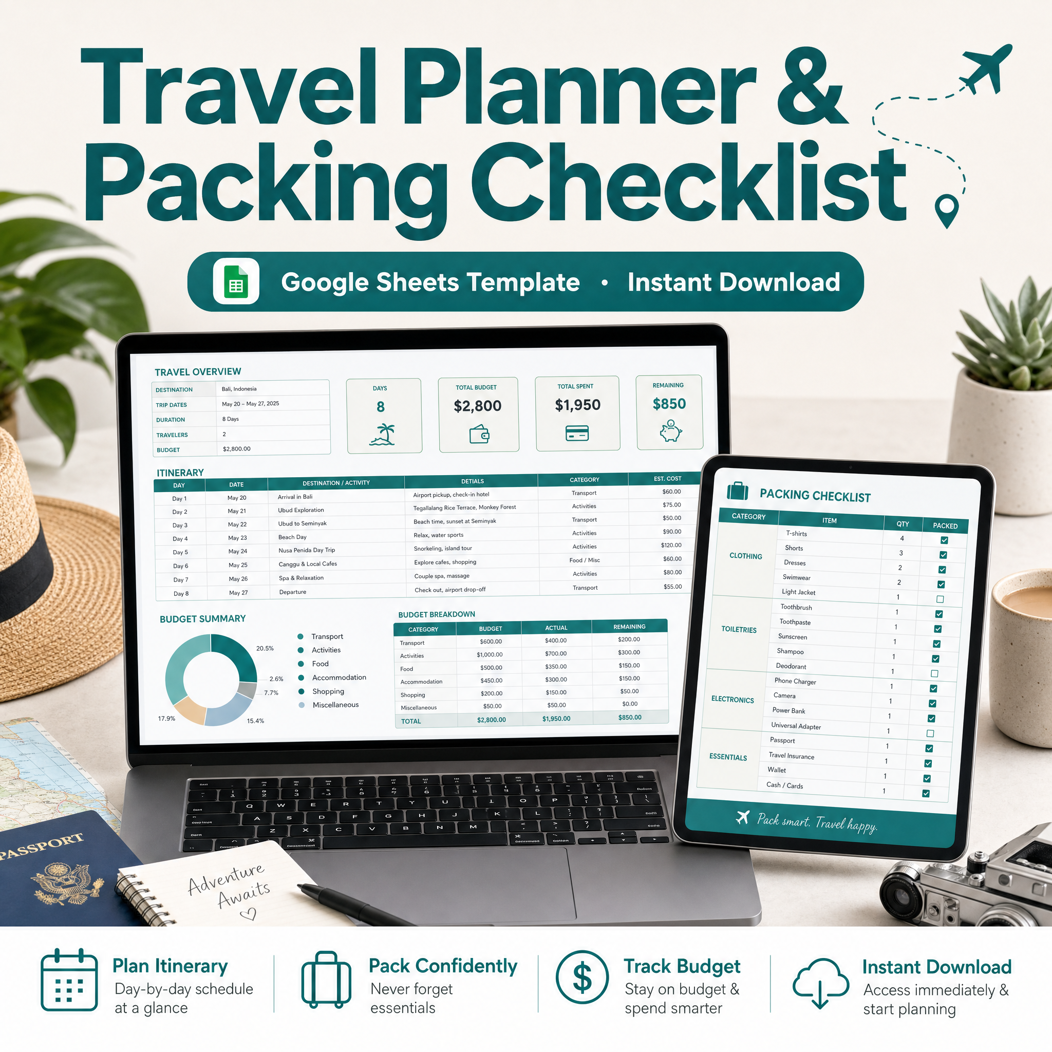 Travel Planner & Packing Checklist â€” Google Sheets template cover