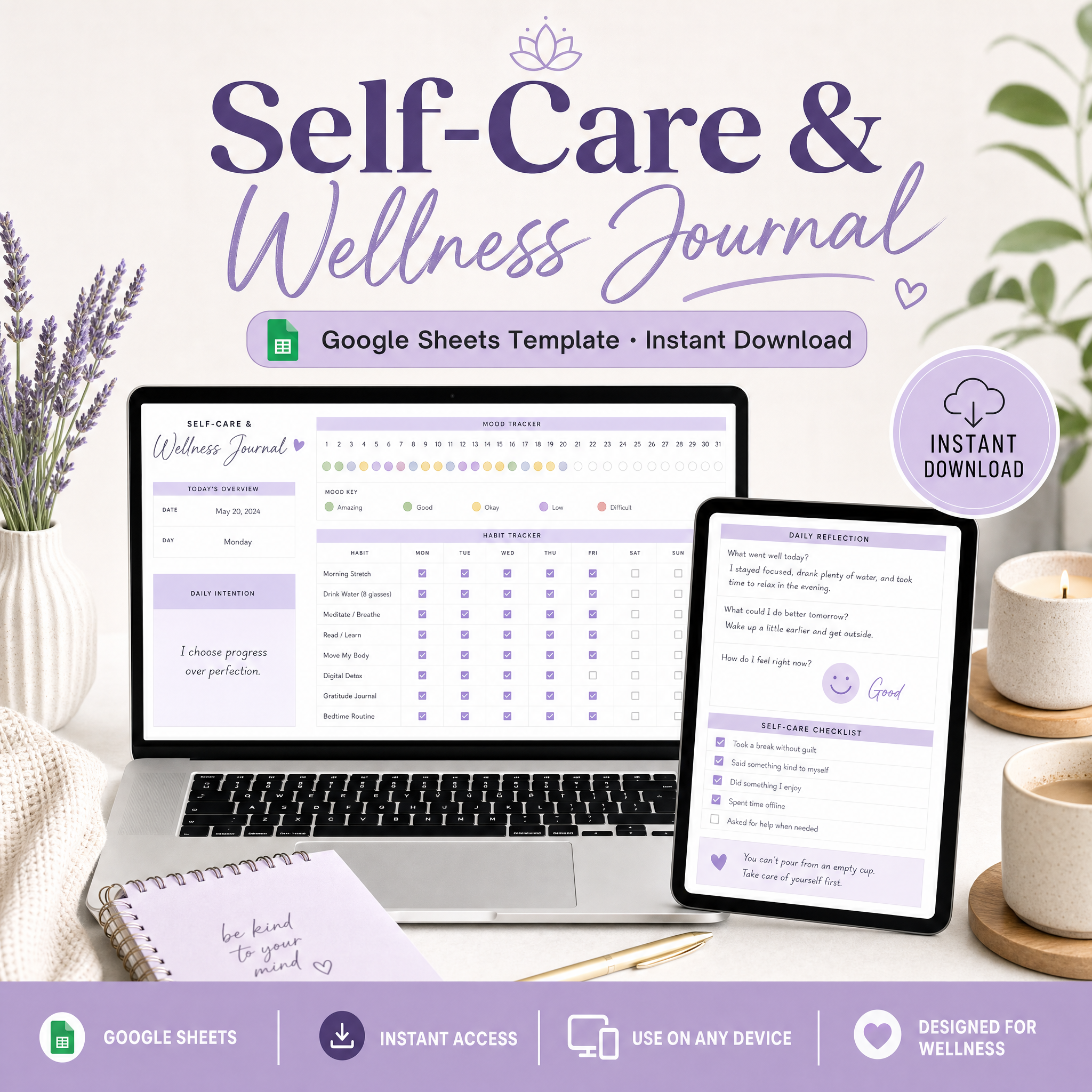 Self-Care & Wellness Journal â€” Google Sheets template cover