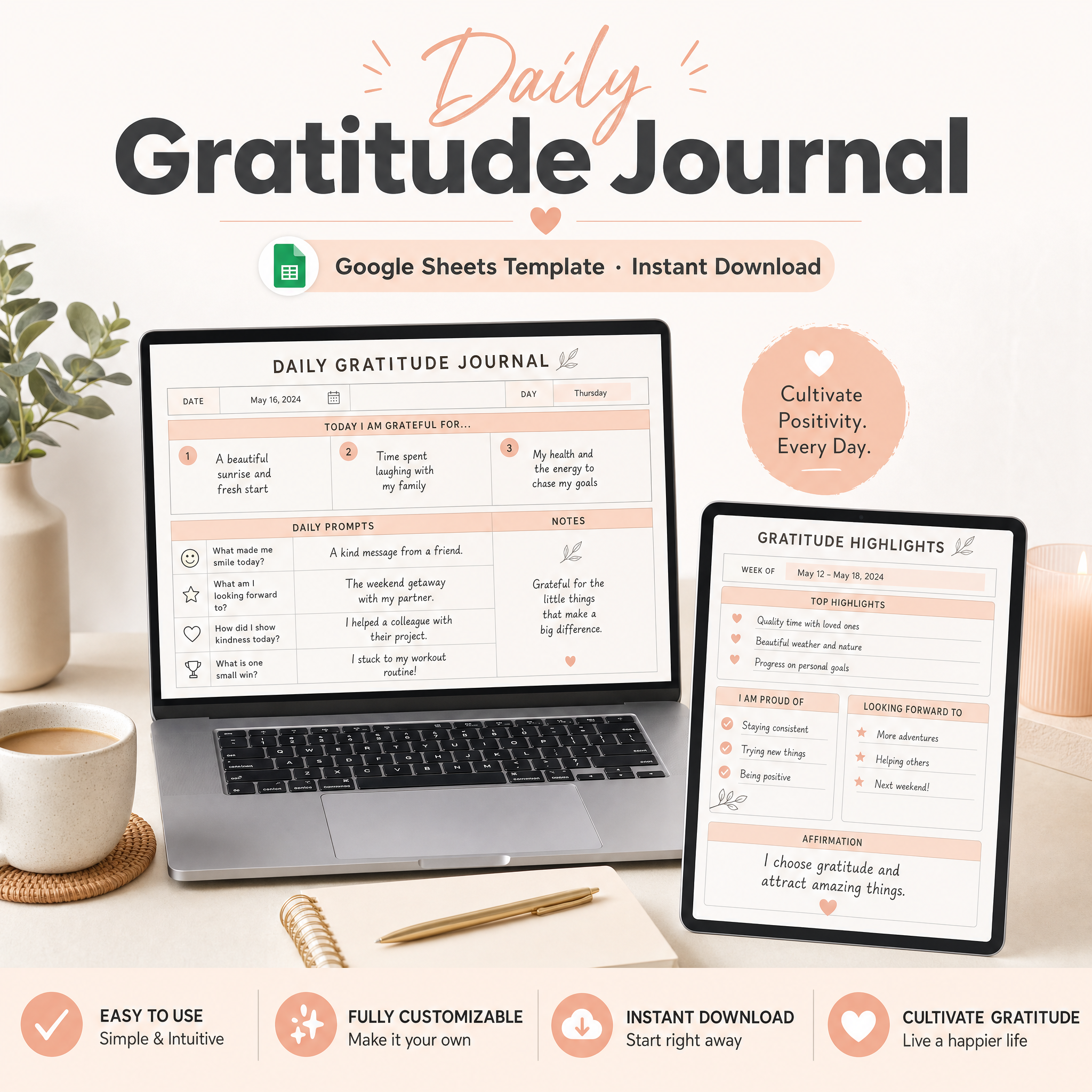 Daily Gratitude Journal â€” Google Sheets template cover